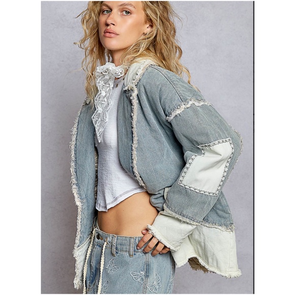 POL Light Wash Print Studded Heart Patch Button Down Frayed Denim Jacket - Picture 7 of 8